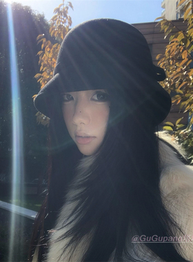 留洋千金感黑色毛呢礼帽法式赫本风复古优雅气质渔夫帽小香风盆帽