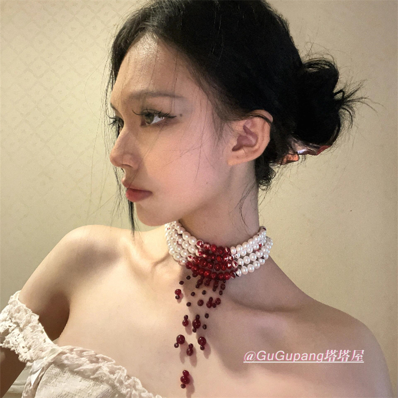 哥特风流血珍珠多层项链