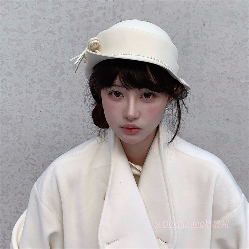 白色羊毛呢蝴蝶结卷边礼帽