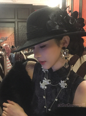 复古赫本风黑色网纱花朵礼帽法式优雅名媛平顶帽子女气质洋气头饰