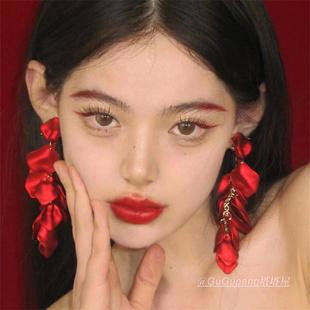 复古夸张长款 气质高级感花朵耳坠氛围感新娘耳饰 红色花瓣耳环韩式