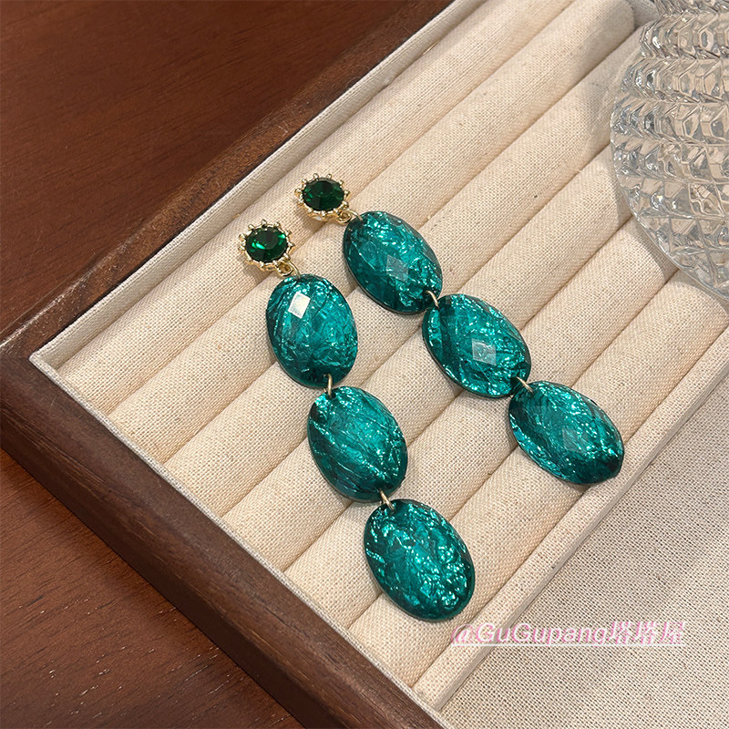 复古清冷感祖母绿钻石耳环女气质轻奢高级感水晶吊坠耳钉耳坠耳饰