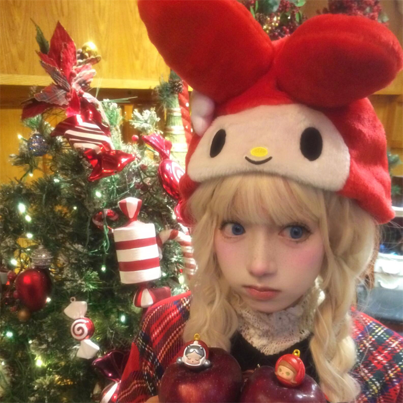 可爱红色兔耳朵帽子女