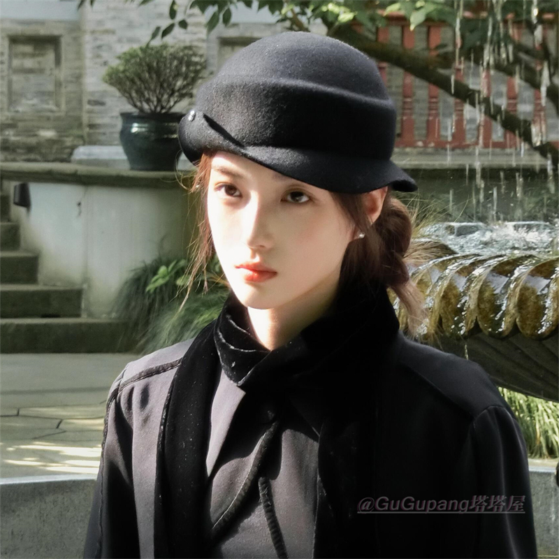 贵气千金感黑色羊毛呢帽子