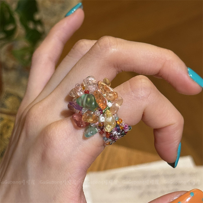 夏日多巴胺彩色碎石串珠指环女波西比亚独特设计感指环漂亮食指戒