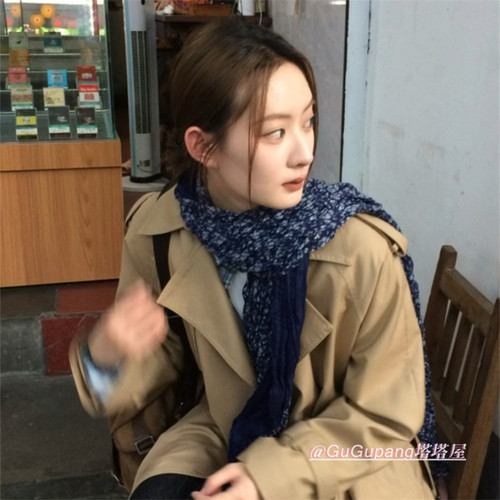 韩系复古蓝色褶皱碎花围巾