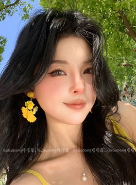 波西米亚黄色草编花朵耳环夏季海边度假风杏叶耳钉小众夸张大耳饰