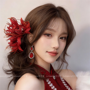 古风新中式红色彼岸花发夹超仙仿真花朵侧边夹旗袍头花新年发饰品