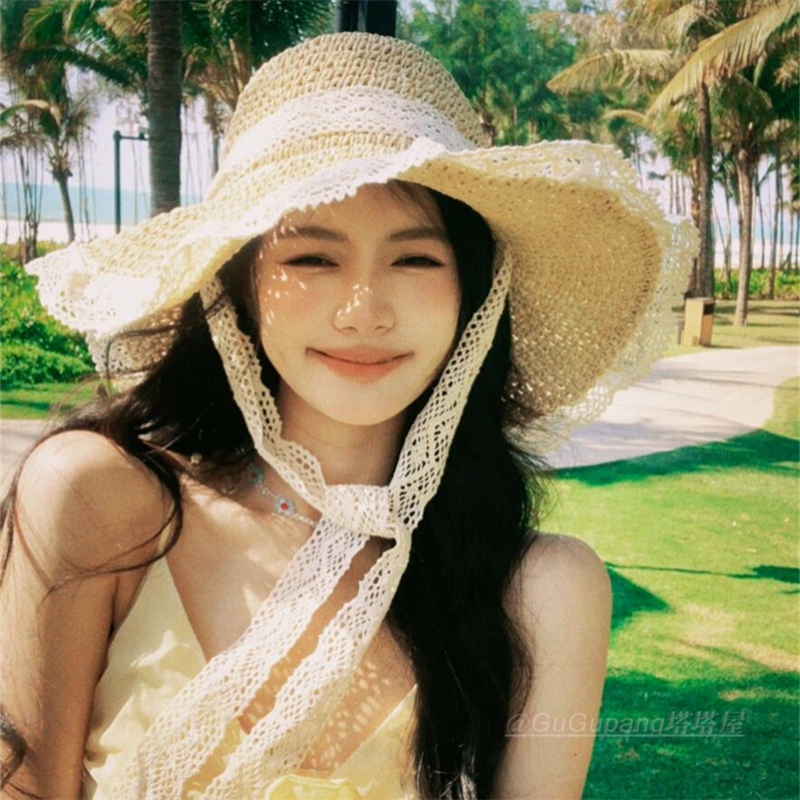 海边度假草帽女款夏天草编渔夫帽蕾丝沙滩太阳帽遮阳帽防晒帽子潮