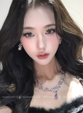 纯欲紫色锆石水滴项链贵气名媛晚礼服耳环套装夸张高级感新娘颈链