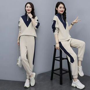 春秋韩版洋气减龄女款撞色拼接卫衣休闲运动两件套宽松套装
