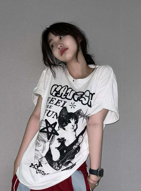 32073官图*180克双磨牛奶丝夏季t恤短袖学生慵懒印花中长款T恤女
