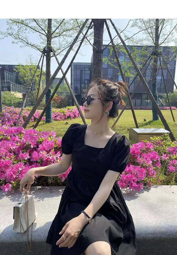 2023春夏新款气质裙子女装连衣裙韩版中长款法式宽松方领赫本风蝴