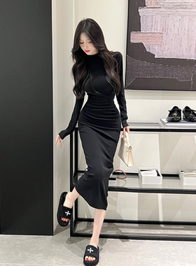 修身紫色洋装凸显身材辣妹打底纯色包臀长裙女秋季气质潮流裙子