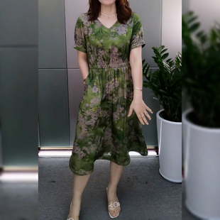 180克冰丝夏季新款短袖连衣裙中长款收腰遮肚假两件长裙有口袋