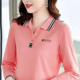 t恤女翻领polo衫 经典 长袖 秋季 宽松中年妈妈休闲有领上衣 新款 大码