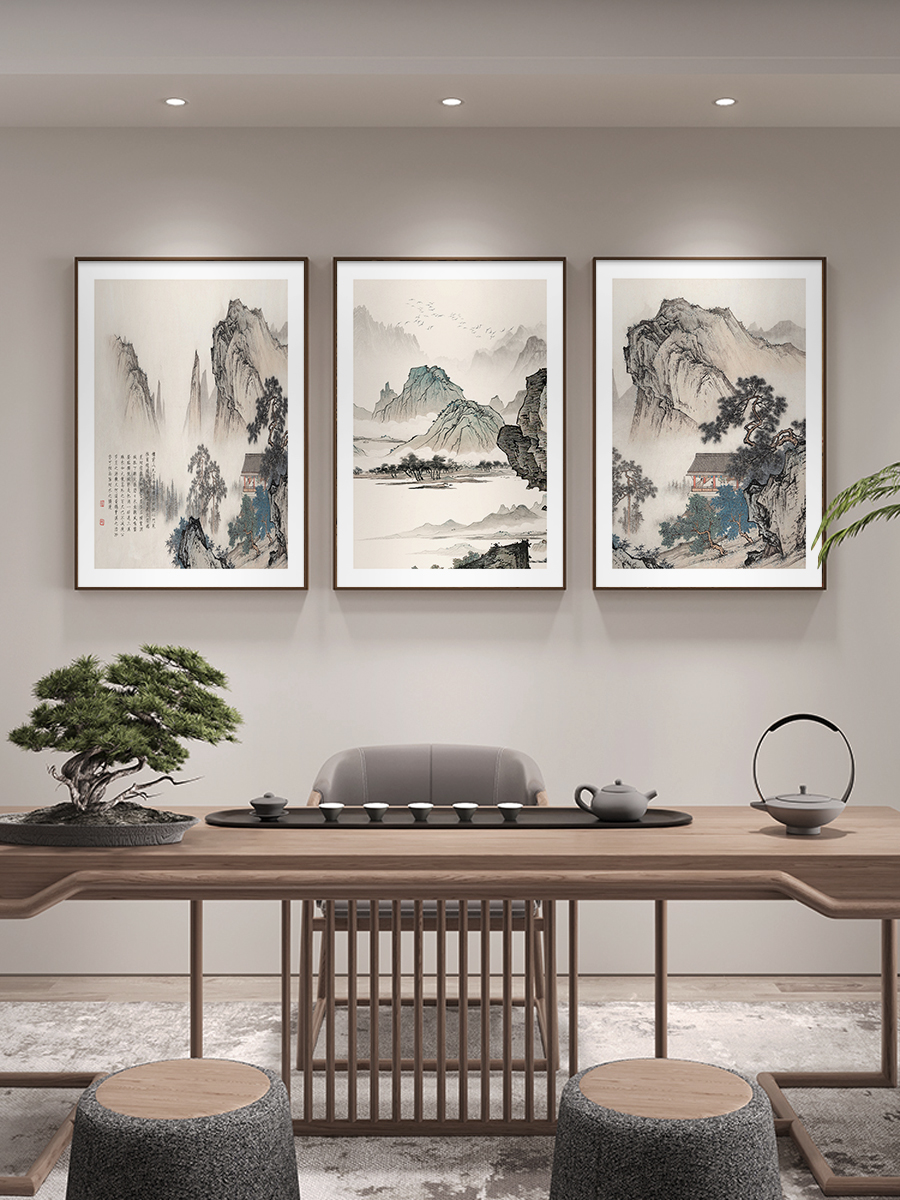 国画山水画茶室背景墙装饰画方形餐厅挂画新中式客厅两联组合壁画图片