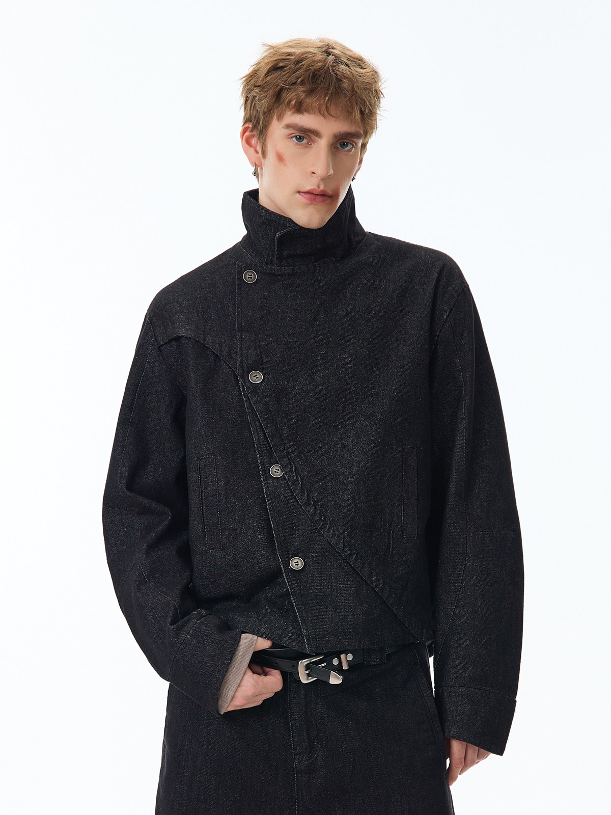 thumbnail for OEVB original irregular fencing suit men's and women's loose niche stand-up collar button-down jacket silhouette denim jacket trend