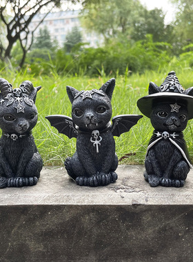 独立站新款万圣节魔法猫咪树脂工艺品摆件动物雕塑礼物桌面装饰品