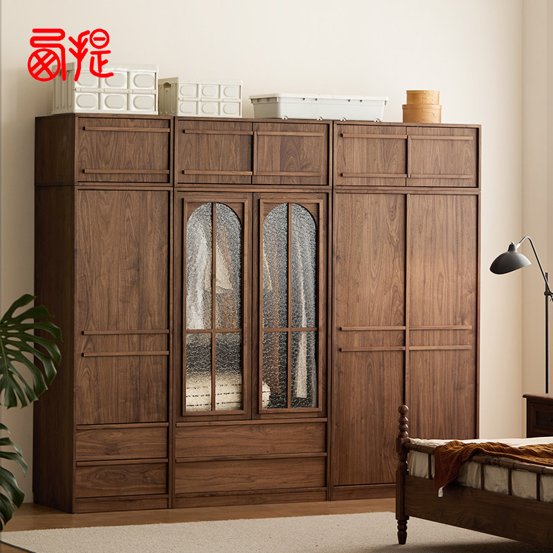 西提北美黑胡桃木全实木衣柜骨骼线中古风落地大衣橱家用复古风