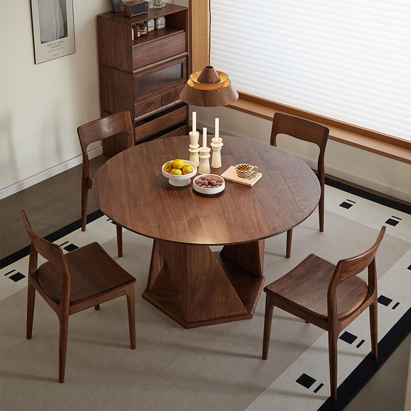 西提北美黑胡桃木实木圆餐桌简约家用实木餐桌饭桌餐桌椅组合