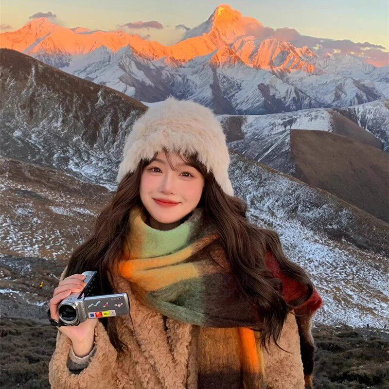 彩虹围巾冬季女彩色格子2026新款高级感韩系氛围感保暖披肩围脖