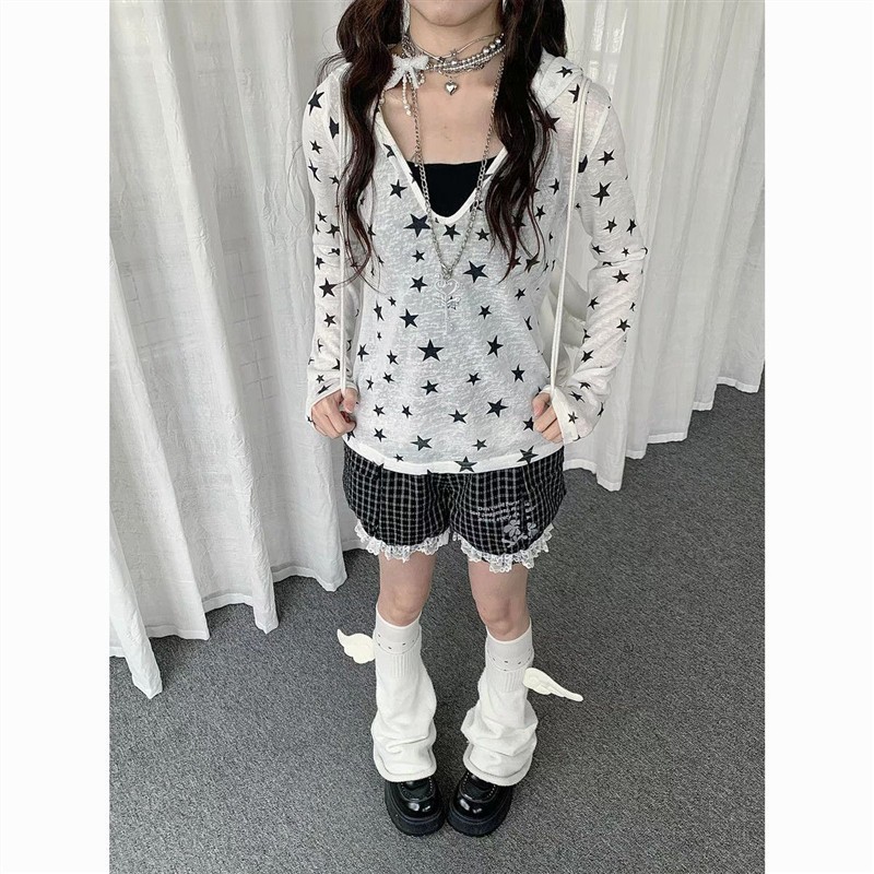 美式辣妹夏季新款百搭ins星星满印长袖T恤女薄款连帽防晒罩衫上衣