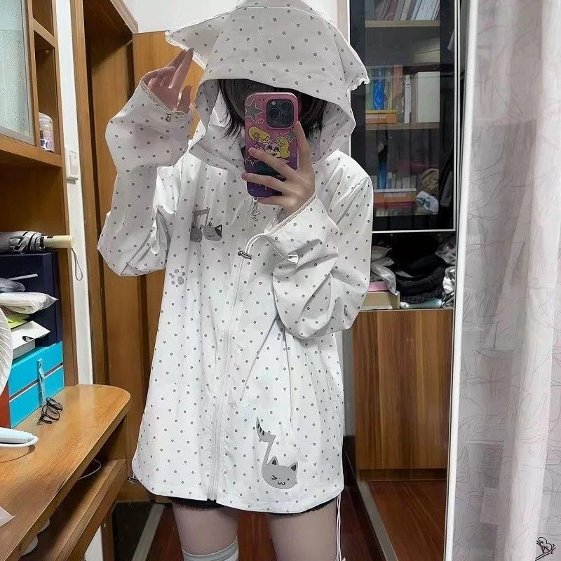 原创日系小猫音符连帽拉链防晒衣女夏季设计防紫外线轻盈透气外套