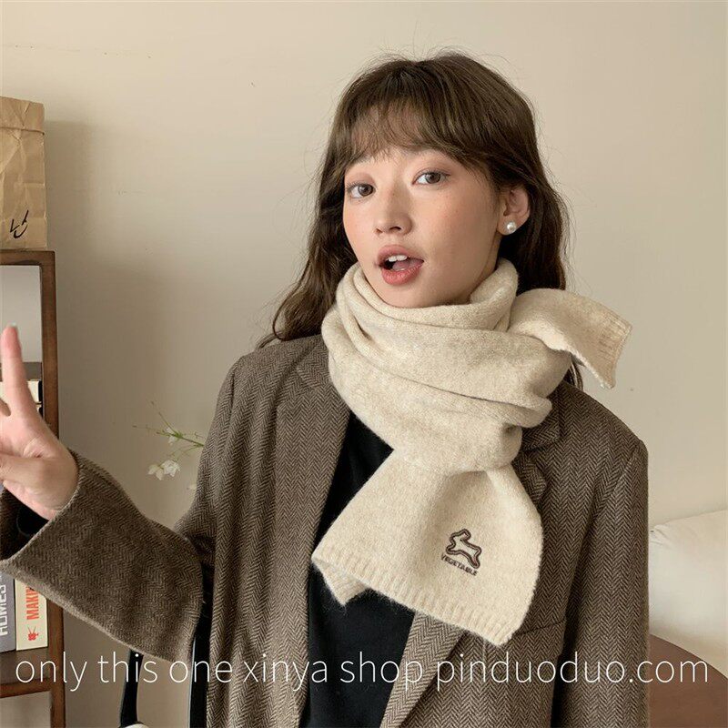 浪漫纯色~ 韩版小兔刺绣围巾显白色系柔软针织保暖情侣围脖学生