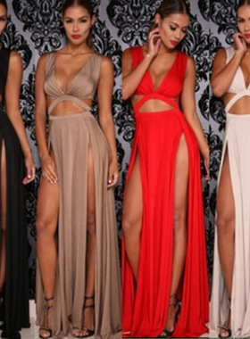 Solid Sleeveless Deep V Split Dress性感纯色无袖深V开叉连衣裙