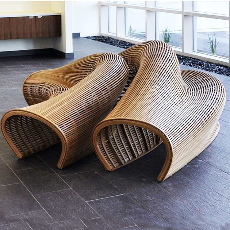 商场大型美陈dp点装饰座椅编织木藤流线型木质公共休息区艺术座椅