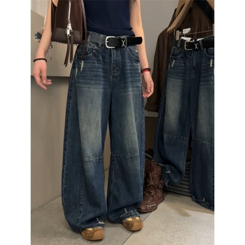 大码复古美式牛仔裤女秋冬胖mm梨形身材宽松高腰显瘦直筒阔腿裤子