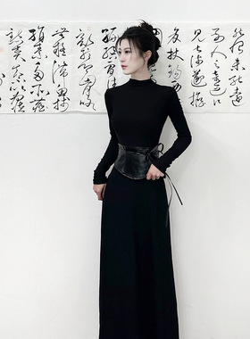 美式复古黑色半高领长袖连衣裙女春秋冬季新款收腰显瘦鱼尾长裙子
