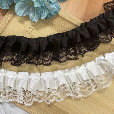 lo伞手作材料无弹力4cm褶皱双层色丁蕾丝花边辅料diy服装打折花边