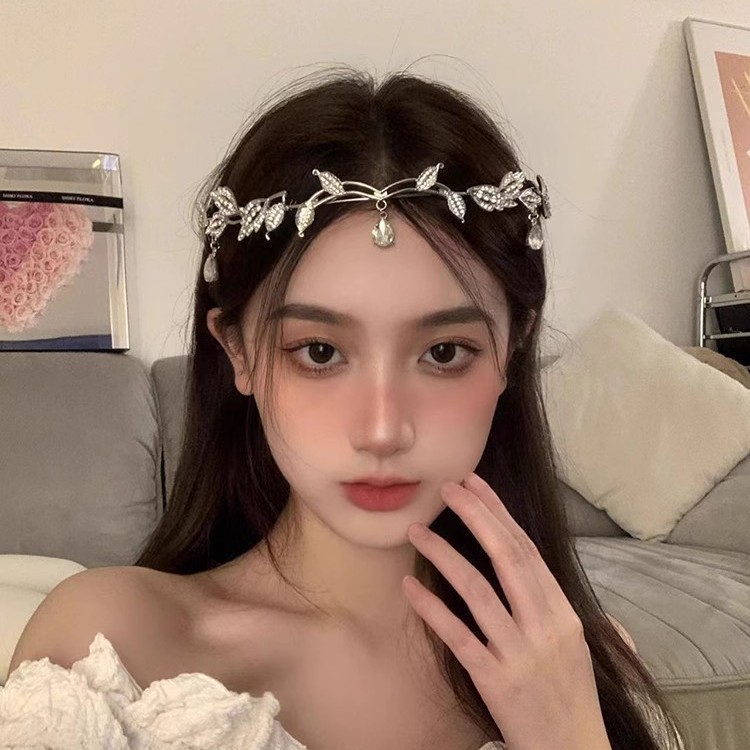 皇冠森系树叶水滴新娘头箍额饰精灵异域公主头饰发箍颈链两用发饰