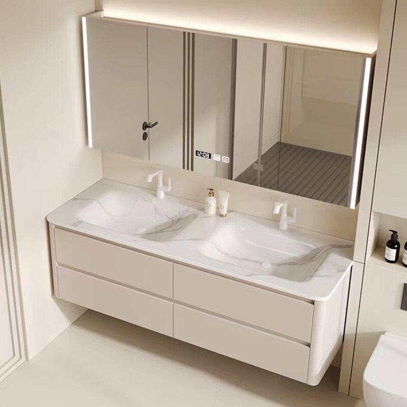 岩板热弯一体双盆橡木浴室柜组合肤感简约洗漱台洗手洗脸盆可丽耐