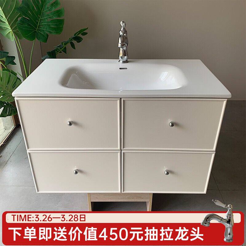 奶油风轻法式陶瓷一体盆橡木实木烤漆浴室柜洗漱台组合美景卫浴