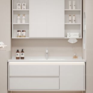 纯白色风水镜浴室柜组合陶瓷一体盆定制69CM-122CM可切割任意尺寸