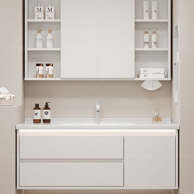 纯白色风水镜浴室柜组合陶瓷一体盆定制69CM-122CM可切割任意尺寸