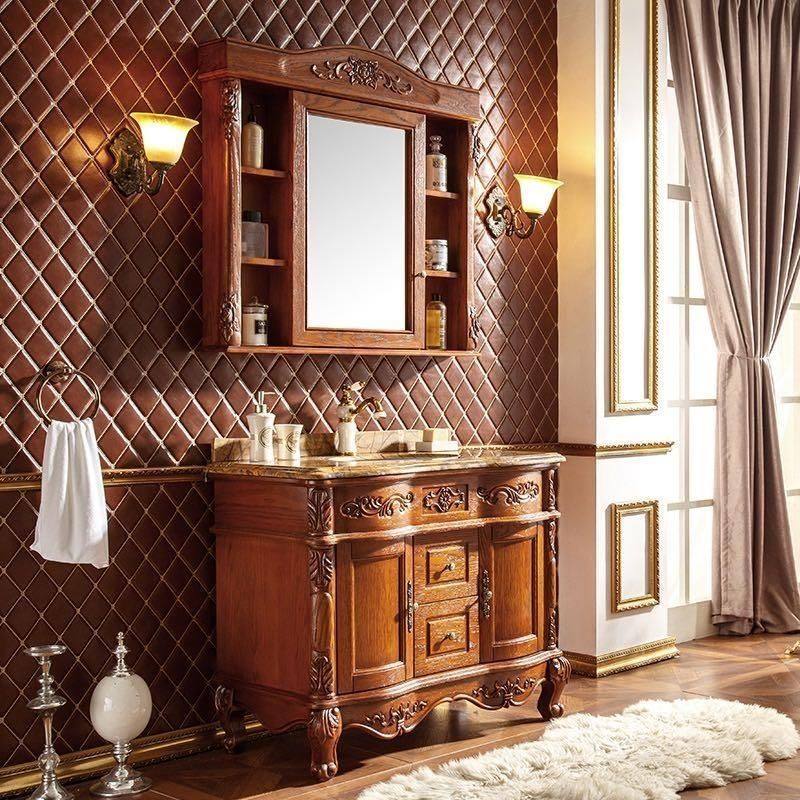 别墅欧式双盆浴室柜红橡木雕花洗手盆柜落地式洗脸盆组合镜柜美式