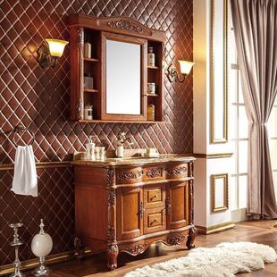 别墅欧式双盆浴室柜红橡木雕花洗手盆柜落地式洗脸盆组合镜柜美式