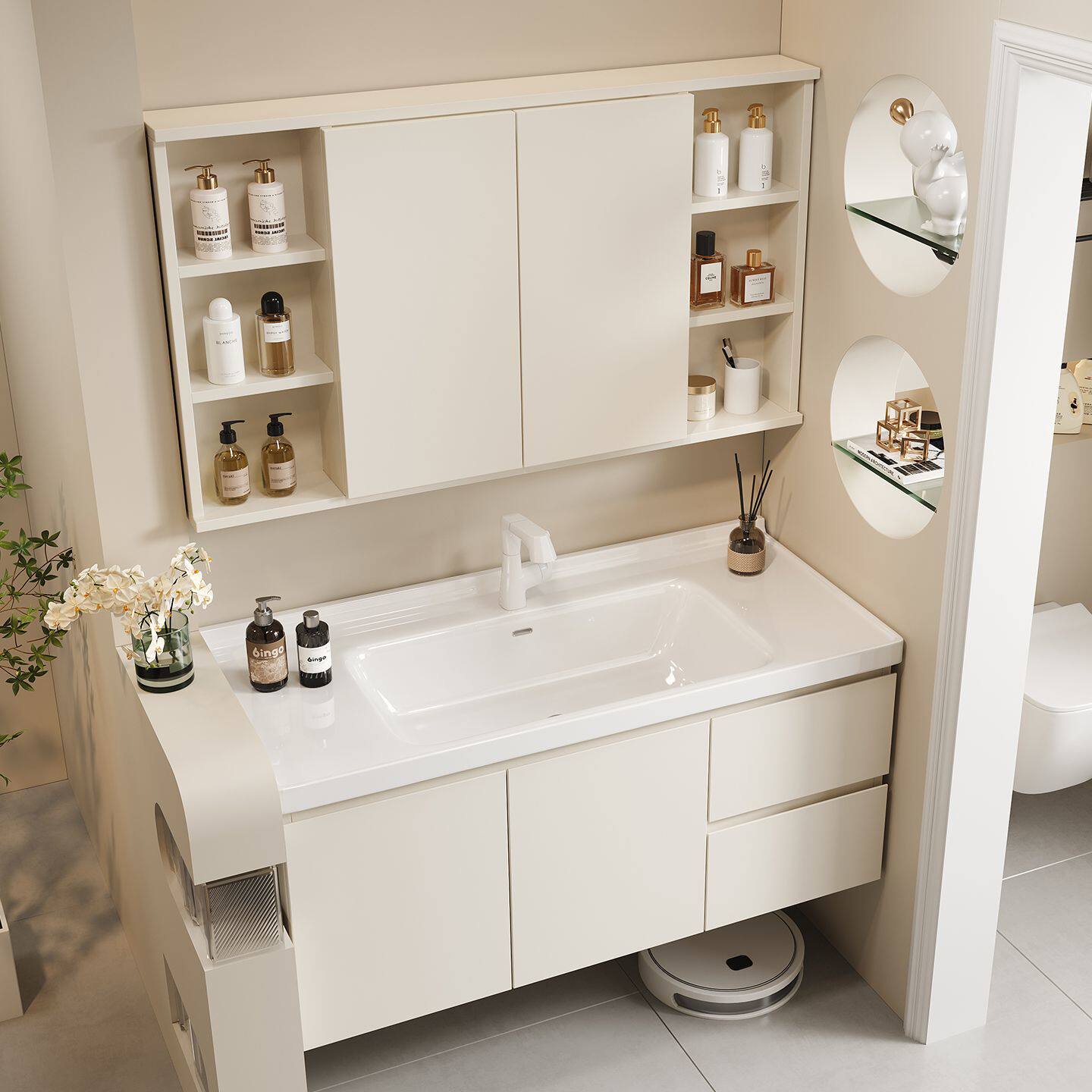 奶油橡木浴室柜风水隐藏式镜子卫生间陶瓷一体组合洗脸盆洗手盆