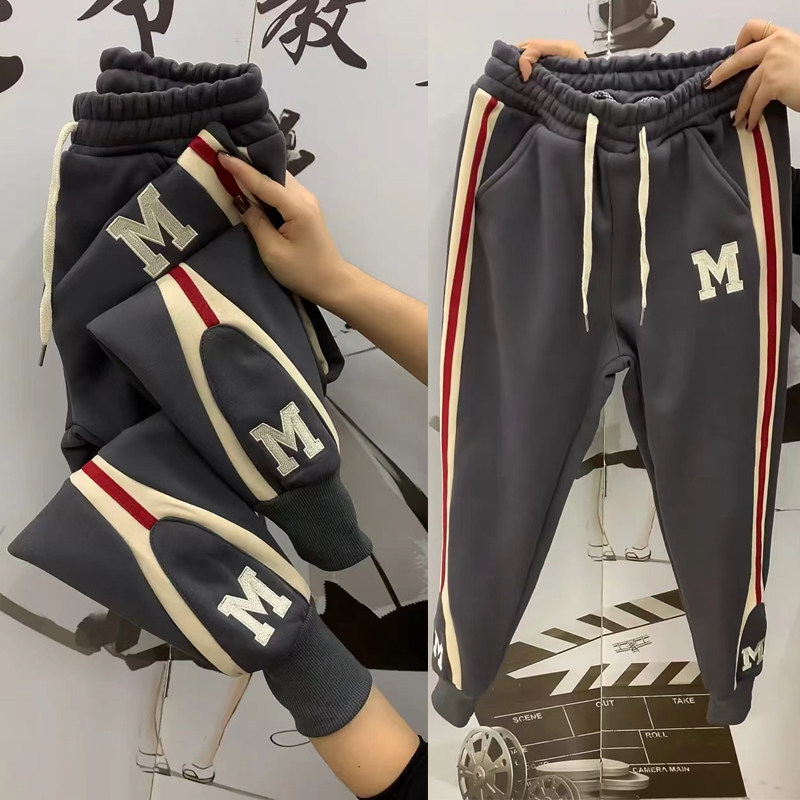 2022冬季新款加绒加厚刺绣束脚卫裤哈伦裤宽松刺绣休闲运动女裤子