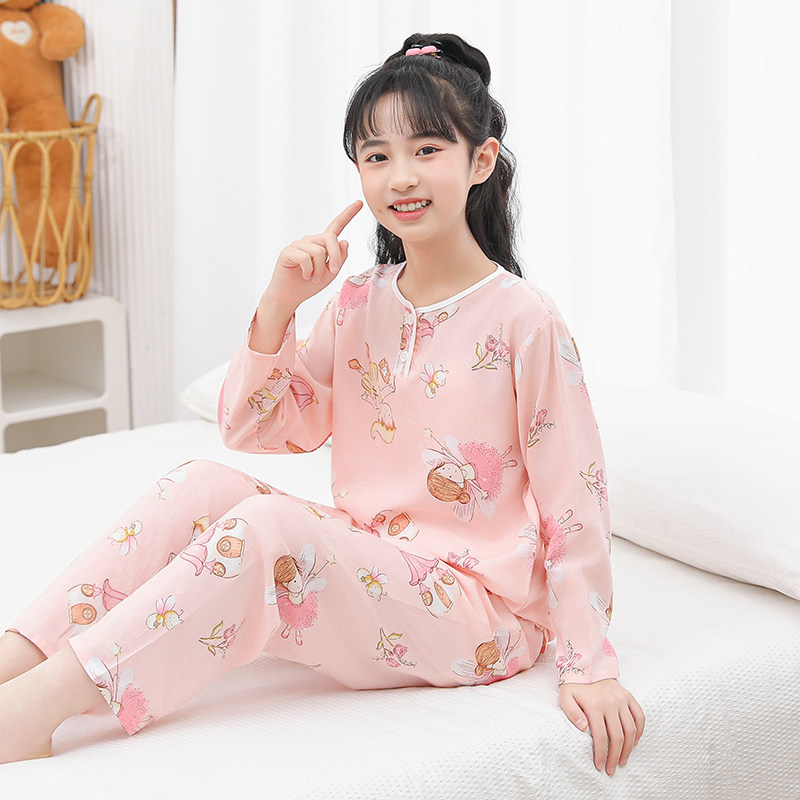 全棉母婴纯棉纯女童棉绸睡衣夏季薄款中大儿童长袖空调服女孩宝宝