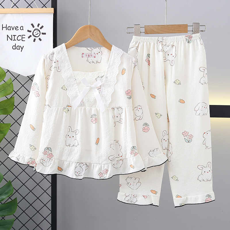 全棉母婴纯棉纯春秋季新款儿童女孩睡衣长袖中大童甜美小白兔宝宝