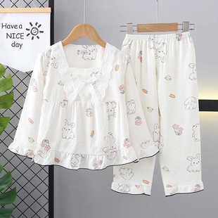 全棉母婴纯棉纯春秋季新款儿童女孩睡衣长袖中大童甜美小白兔宝宝