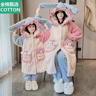 全棉母婴纯棉亲子儿童睡衣母女秋冬季款套装珊瑚绒加厚女童睡袍法
