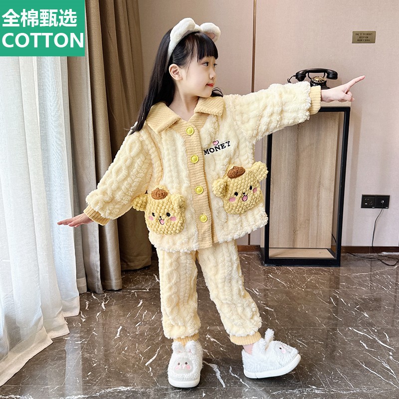 全纯棉时代儿童睡衣秋冬季加厚珊瑚绒冬款女童宝宝法兰绒小女孩新