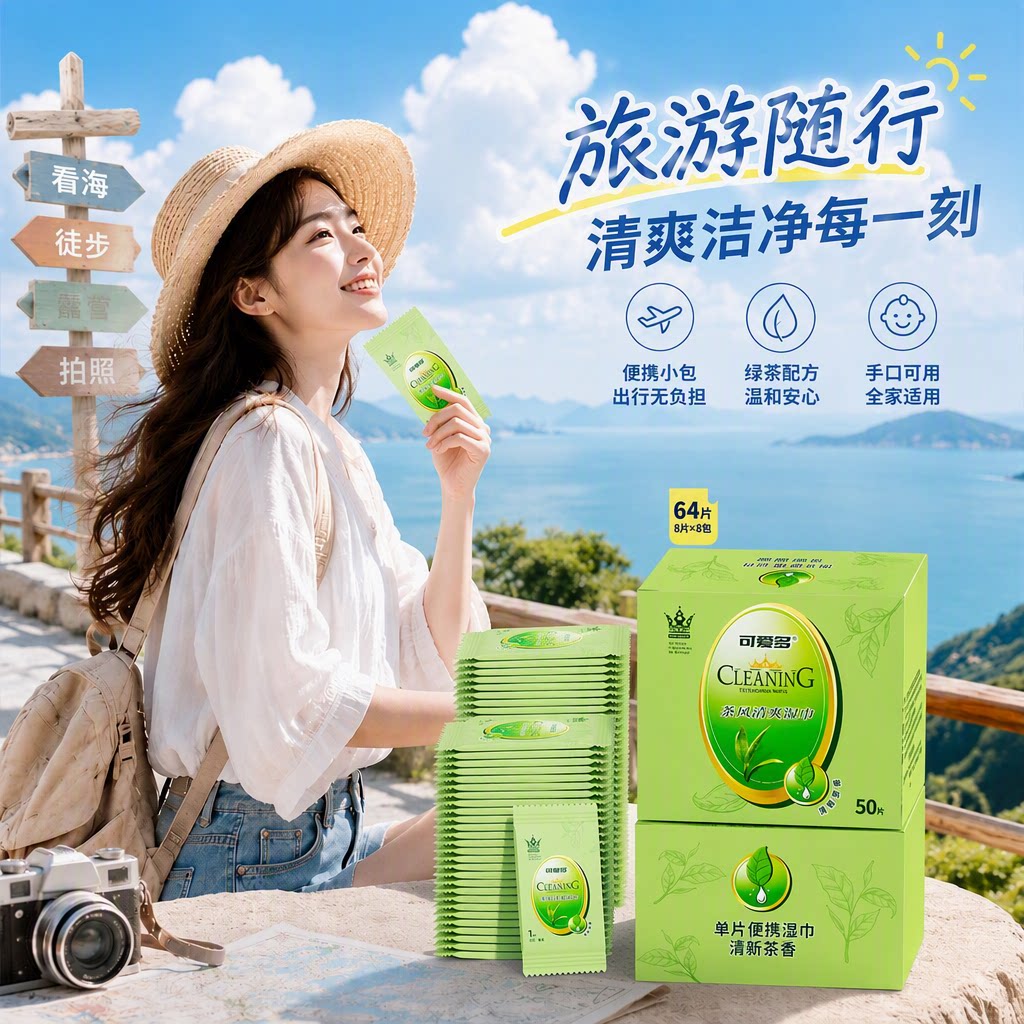 【旅游常备】可爱多绿茶湿巾运动去汗湿纸巾军训擦汗单片独立包装