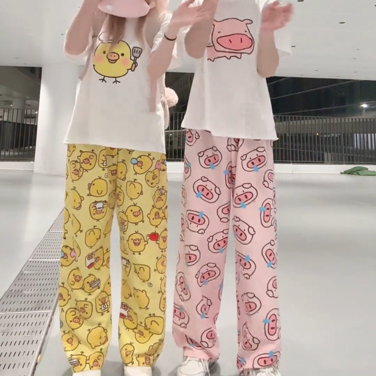 新款2026萌妹宽松短袖长裤家居服外穿小鸡小猪可爱睡衣套装女